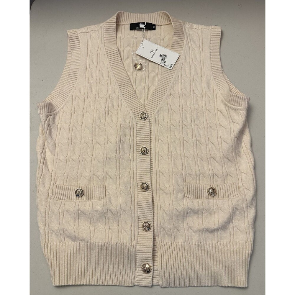 LILLUSORY Women's Crew Neck Gold Button 2 pocket Cardigan Sweater, Beige, Size M